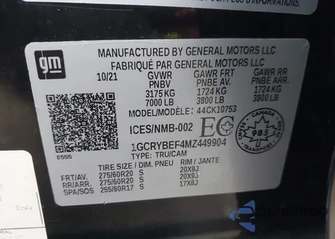 2021 Chevrolet Silverado 1500 4Wd Double Cab Standard Bed Custom z USA, uszkodzony, nr VIN 1GCRYBEF4MZ449904